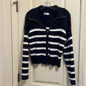 Hollister Navy and White Striped Zip-Up Cardigan